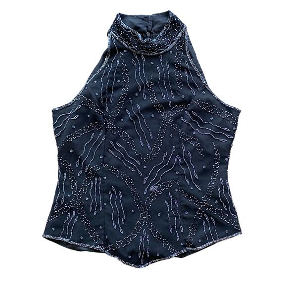 VINTAGE CHADWICKS Halter Womens Sz Large Black Beaded Cocktail Glam Holiday - Picture 1 of 6